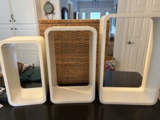 Vintage MCM White Wood Nesting Tables Set of 3 Woven Wood Tops Mid Century Nesting Tables price
