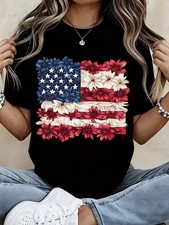 Floral American Flag T-Shirt Women Casual Patriotic Print Top Women's T-shirt price