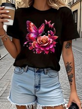 Women Creative Floral Graphic T-Shirt Elegant Flower Casual Crew Neck Tee Top Women's T-shirt price