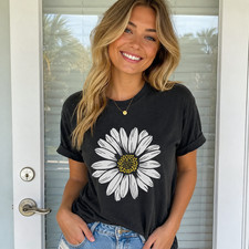 Women Daisy Floral Graphic T-Shirt Summer Flower Casual Crew Neck Tee Top Women's T-shirt price