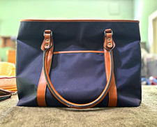 Navy Brown Solid Tote Bag Zip Top Double Handles Lined Inner Pockets Women's Casual Bag price
