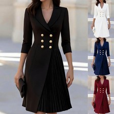 Women's Double-Breasted Pleated Midi Dress – High Waist Commuter Modest Clothing price