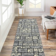 Custom Size Stair Hallway Runner Rug Non Slip Rubber Back Grey Ivory Tiles 3D Runner Rug price
