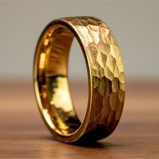 Hammered 18K Yellow Gold Wedding Ring Mens Tungsten Wedding Band 8mm Comfort Fit Gold Wedding Band price