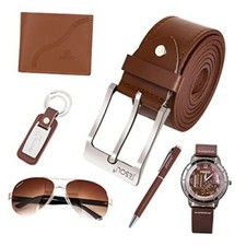 6pcs Men's Gift Set with Box Brown Leather Belt Wallet Watch Glasses Keychain Men's Watch, Belt and Wallet Sets price