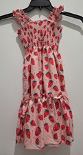 Girls Pink/Red Strawberry Print Smocked Ruffle Strappy Sundress Knee Length 5 Girls' Dress price
