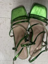 Women’s Metallic Green Strappy Square Toe Heels Ankle Strap Sandals Size 7.5 Women's Casual Shoes price