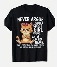 Funny Sassy Cat Graphic T-Shirt, Never Argue with A Short Girl Quote Tee, Humoro Girls' T-shirt price
