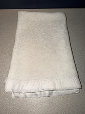 Vtg White Acrylic Thermal Waffle Weave Baby Blanket Satin Nylon Trim  36”x45” Baby Blanket price