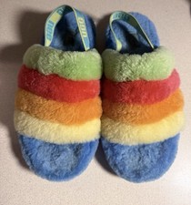 Girls Size 5 UGG Fluff Yeah Slide Sandals Slippers Cali Collage Rainbow Stripes Girls' Slippers & Sandals price