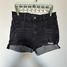Women's Black Denim Cuffed Shorts Size Petite M Pocket Flat Front Button Women's Shorts price