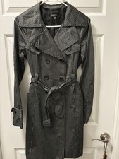 Women's BeBe Satin Black w/ pin stripes Trench Rain Coat Belted Sz M Classic Women's Trench Coat price