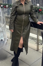 Women’s Green Long Trench Coat XL Full Zip Zip-Front Long Sleeve Solid Women's Trench Coat price