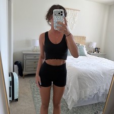 Colsie Black Ribbed Knit 2pc Set V-Neck Sports Bra & Shorts Size S Women's Tracksuit price