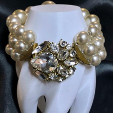 Vintage 3 Strand Glass Faux Pearl Bracelet Rhinestone Clasp Art Deco Revival Gold Bracelet price