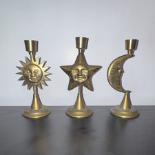 Set of 3 Gold Metal Taper Candle Holders Sun Star Moon, Freestanding Decor Candle Holder price