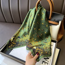 100% Silk Scarf Women Vintage Dark Green Flower Kerchief Headscarf Tied 68*68cm Headscarf price
