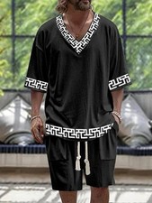 Men's 2-Piece Black/White Geometric Trim V-Neck Top & Drawstring Shorts L Men's Tracksuit price