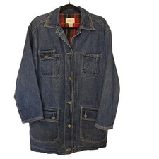 Jones New York Sport Denim Chore Coat Plaid Flannel Lined Field Jacket Small Vtg Women's Overcoat price