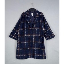 Halogen Coat Womens L/XL Navy Blue Plaid Tweed Wool Blend Snap Button Topper Women's Overcoat price