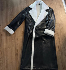 SheIn Women's Black Long Faux Leather Overcoat White Shearling Lined Pockets S/M Women's Overcoat price