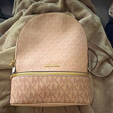 Michael Kors Logo Pattern Zip Backpack Beige Gold Hardware Lined Inner Pockets Women's Backpack price