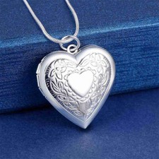 925 Sterling Silver Plated Heart Necklace, Locket Photo Picture Pendant 18"  N1 Silver Necklace price