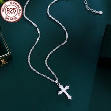 Real Solid 925 Sterling Silver CZ Micro Pave Women Men Cross Pendant Necklace Silver Necklace price