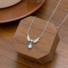 Sparkly CZ Angel Wing Necklace Teardrop Iridescent Moonstone Drop Clavicle Chain Silver Necklace price