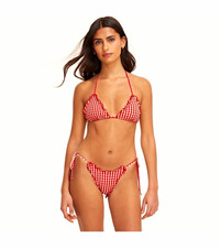 Women’s Red/White Gingham Ruffle Triangle Halter Bikini 2pc Set L -top/M-bottom Bikini price