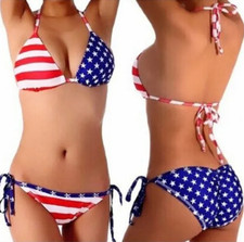 American Flag Print Halter Triangle Bikini Swimsuit - Sexy, 4th of July Party Bikini price