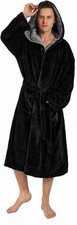 Mens Large Hooded Long Bathrobe with Chest Button Full length Soft Fleece Black Bathrobe price