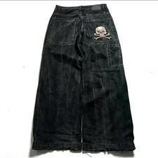 Black Baggy Jeans Large Embroidered Skull Y2K Affliction Style Men's Jeans / Denim Pants price