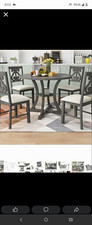 5-Piece Round Dining Table Set Gray & White, 4 Upholstered Fabric Chairs Dining Room Set / Set price
