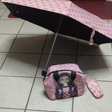 Pink/Black Nezuko Lunch Bag & Geometric Print Compact Folding Umbrella w/ Sleeve Umbrellas price
