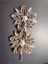 Rhinestone Flower Hair Clip Set - Brown Crystal & Pearl Toka, Taç & Saç Bandı price