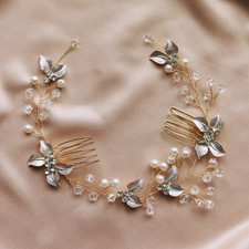 Bridal Hair Vine Headband Set Pearl Crystal Floral Vine Gold White Silver Metal Toka, Taç & Saç Bandı price