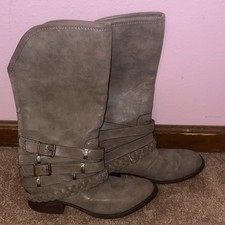 Women’s Gray Mid-Calf Riding Boots Zip Closure Buckle Strap Accents US 8 Kadın Botları price
