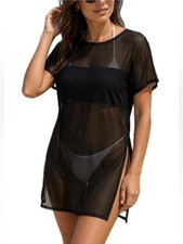 H&M Women’s Black Sheer Mesh Swim Cover Up Tunic Dress Solid Beach M Plaj Giysisi price