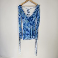 Womens Long Sleeve Semi Transparent Mesh Printed Blue Beach Cover Up Medium M Plaj Giysisi price