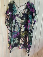 Kona Sol Swim Cover Up Caftan Womens Sz L Navy Blue Floral Sheer Tassels Plaj Giysisi price