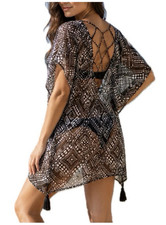Palisades Beach Club Cover Up Geometric Black/White Sheer Mesh Tassel M/L Plaj Giysisi price