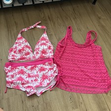 Lushorie PINK 3 pc swim set Deep V Tankini Top Crochet Sheer Cover Up XL Plaj Giysisi price