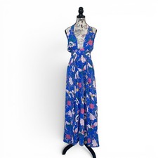 Forever 21 Cover up Dress Womens M Blue Floral Halter Neck Open Back Boho Slit Plaj Giysisi price