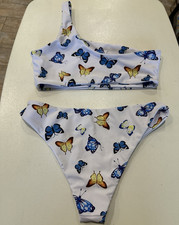 SHEIN White Butterfly Print One Shoulder Bikini 2-Piece Set Size S Stretch Plaj Giysisi price