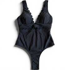 Cupshe Black Scalloped V-Neck One-Piece Swimsuit Cut-Out Monokini Large NEW Plaj Giysisi price