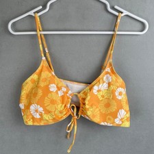 Orange Floral Bikini Top Cinched Front Tie Adjustable Straps Tropical Hippie L Plaj Giysisi price