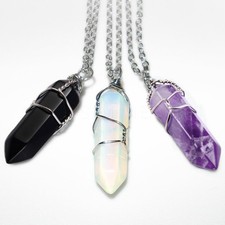 Wire-Wrapped Crystal Necklace Gemstone Pendant with Chain Opalite Onyx Amethyst Renkli Taşlı Kolye price
