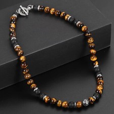 Men's 8mm Natural Tiger Eye Lava Bead Necklace Stainless Steel Toggle 18/20/24" Renkli Taşlı Kolye price