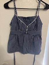 Brandy Melville Blue & White Plaid Button Front V-Neck Cami Tank Top S Tesettür Tunik price